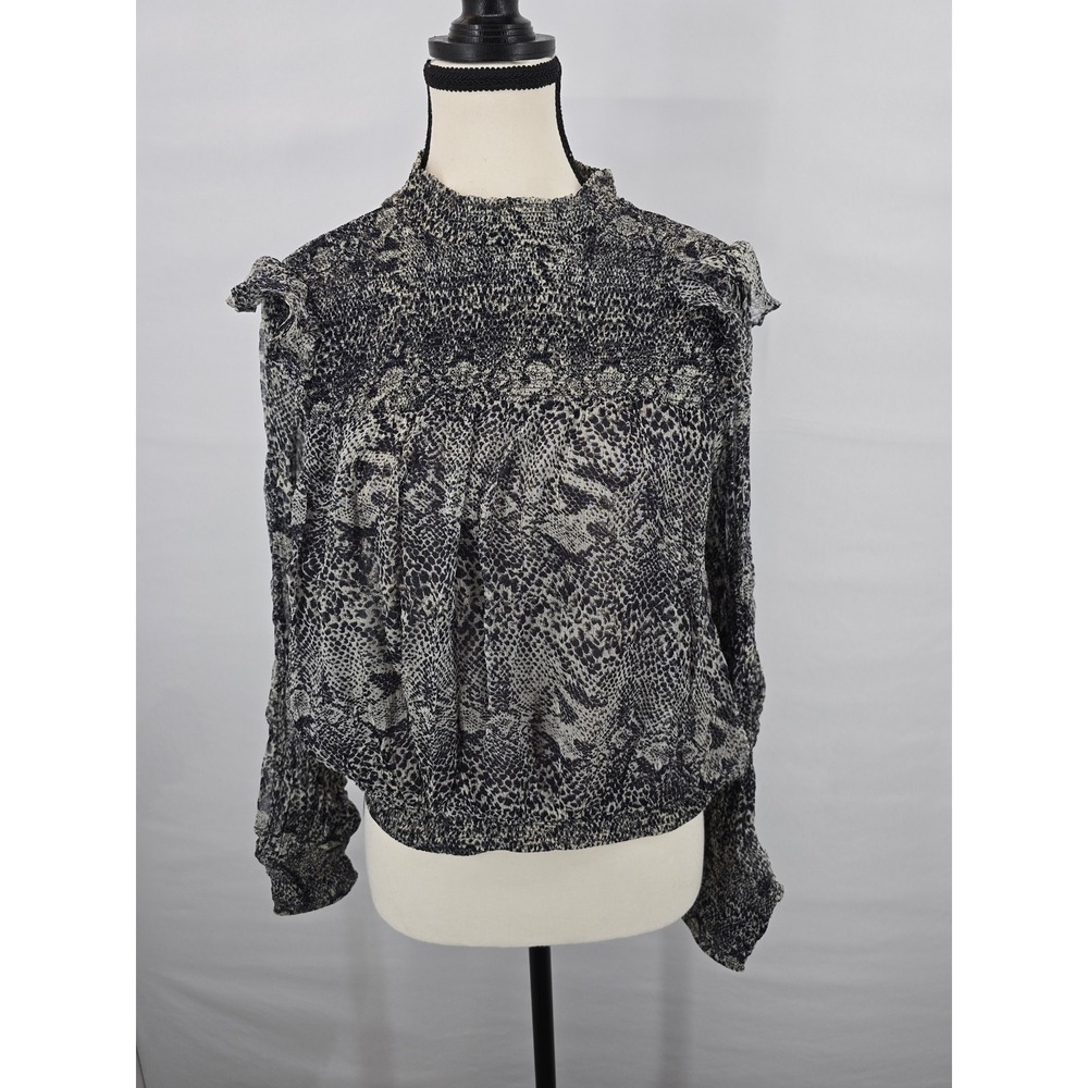 Free People‎ Snake Print Smocked Mock Neck Ruffle Blouse Black Grey Medium